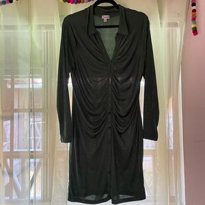 Green shiny button down dress. Mid length